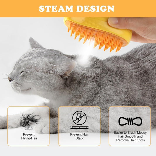 3-in-1 Steamy Pet Brush – Steam Grooming Brush for Cats & Dogs | Reduces Shedding, Detangles Hair, & Cleans Coat (Yellow)